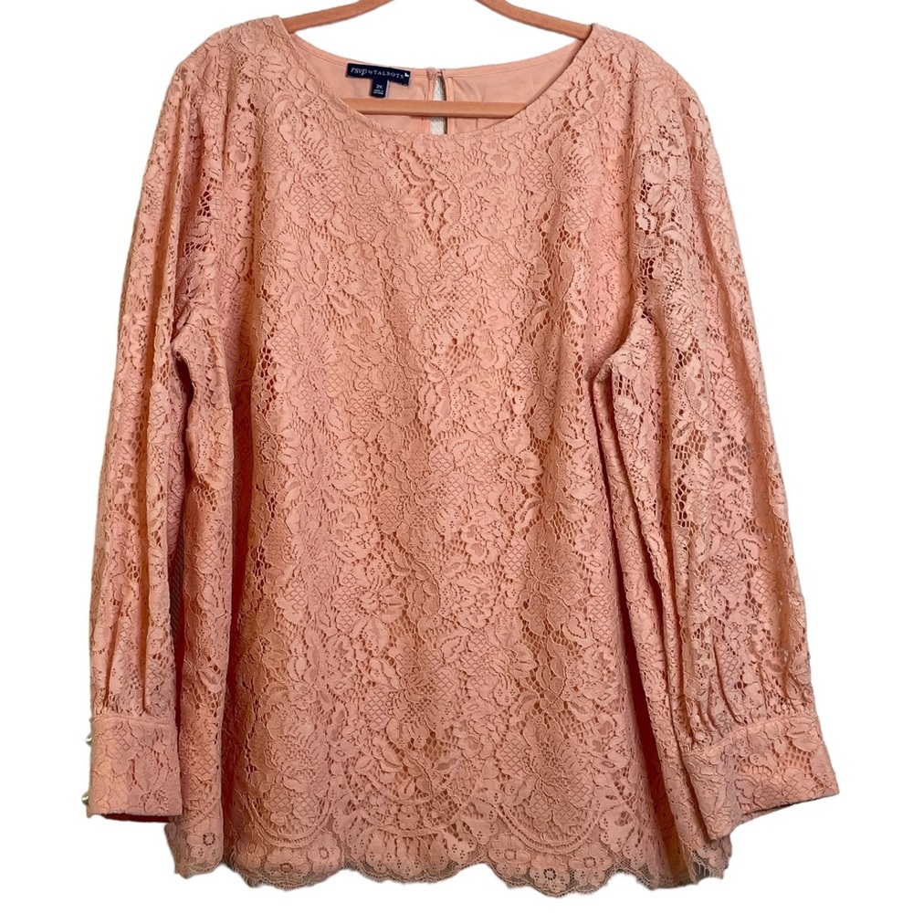 RSVP by Talbots Lace Sleeve Blouse Size 2X Peach Keyhole Closure Scallop Edges